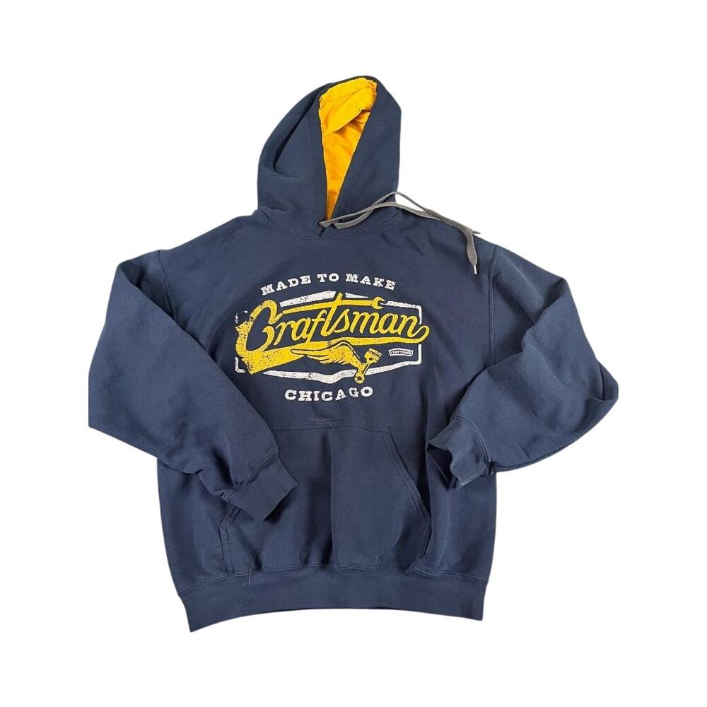 Craftsman Hoodie Men's Medium Blue Yellow Chicago Made To Make Tools Sweatshirt